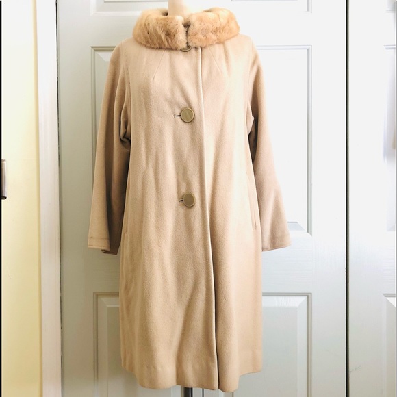 Vintage Cashmere Mink Fur Collar Pockets Coat Jacket Beige Size Large - Picture 16 of 16